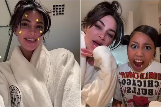 Kim Kardashian mặc kín mít, tóc rối bù cùng con gái quay Tiktok