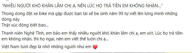 Đi xe ôm công nghệ, cô gái xúc động khi đọc lời nhắn trên áo tài xế-1
