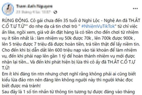 Thực hư thông tin cô gái tự tử vì sập bẫy 'nhiệm vụ TikTok'