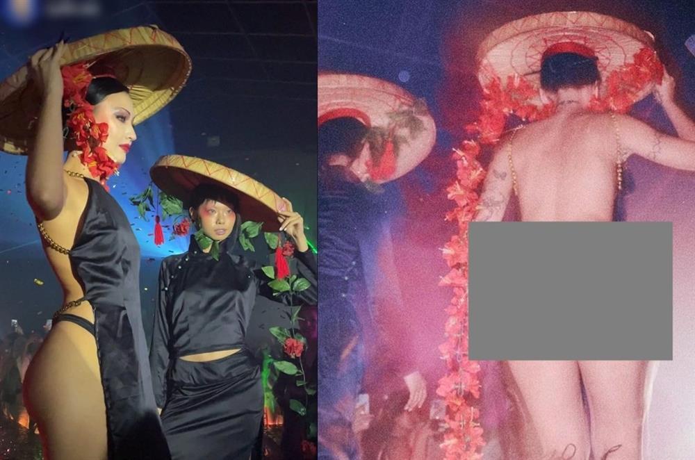 Người mẫu đội nón quai thao, mặc yếm cách tân lộ vòng 3 gây tranh cãi-1