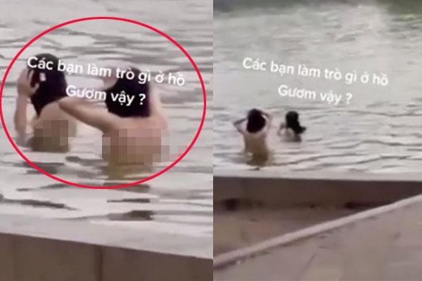 Hai thiếu nữ tắm ở hồ Hoàn Kiếm vì cá cược-1