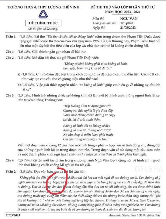 Lan truyền đề thi văn nhạy cảm, trường Lương Thế Vinh phản pháo-2