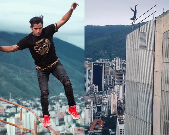 Không sợ chết, ngừời nhện Venezuela đu 1 tay trên nóc nhà chọc trời-1