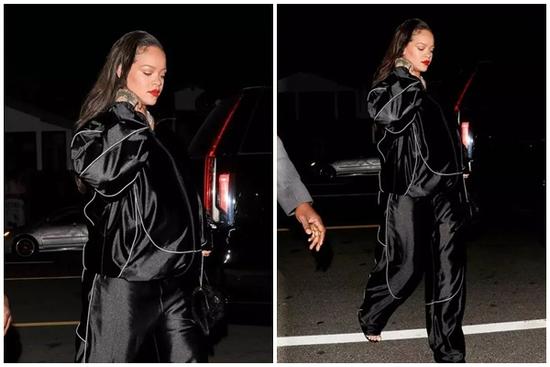 'Mẹ bầu' Rihanna trang điểm đậm, diện đồ tối giản đi ăn tối