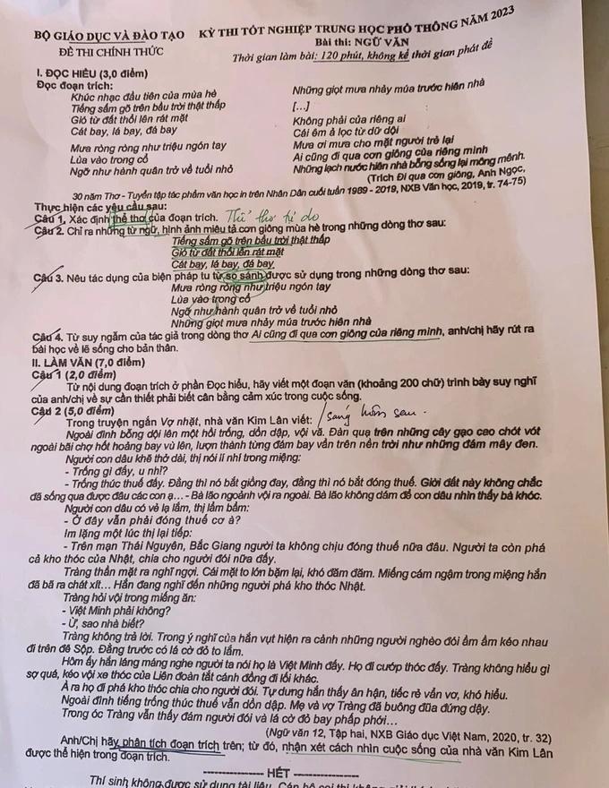 Đáp án môn thi Ngữ văn tốt nghiệp THPT 2023-1