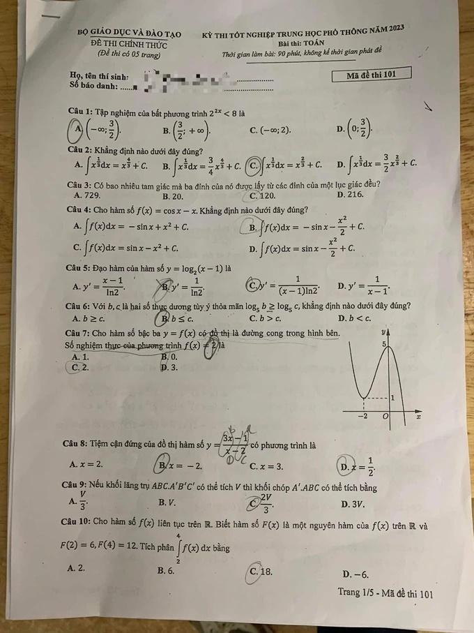 Đề thi và gợi ý đáp án môn toán thi tốt nghiệp THPT 2023-1