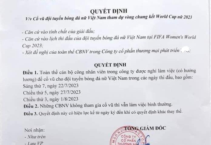 Công ty cho nhân viên nghỉ làm cổ vũ Đội tuyển nữ Việt Nam đá World Cup-3