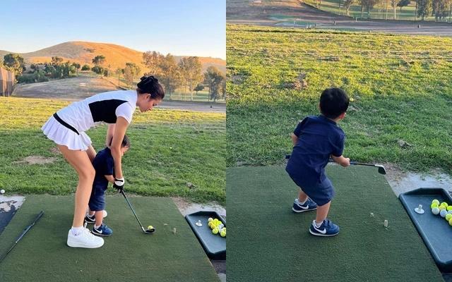 Phạm Hương tập đánh golf cho quý tử 2 tuổi-1
