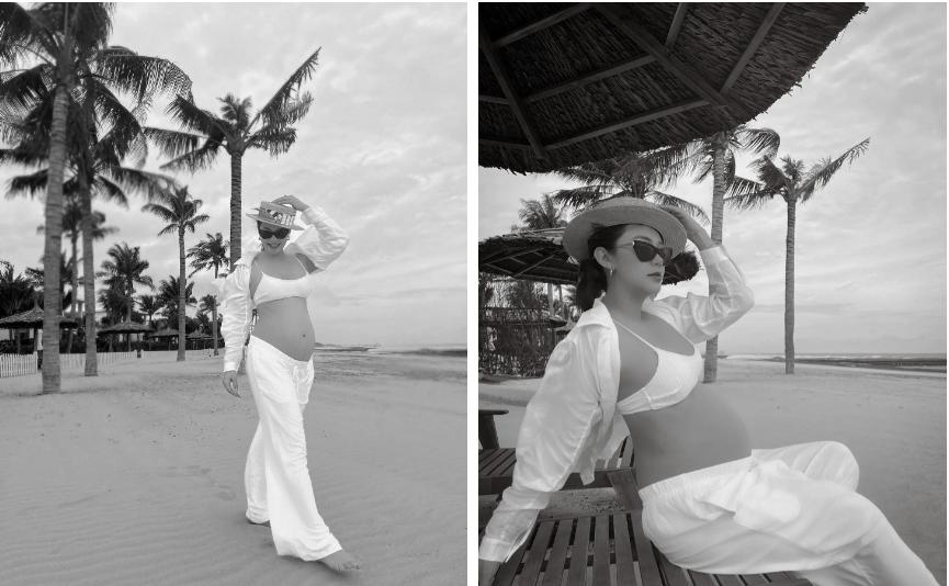 Mẹ bầu Minh Hằng đi biển sát ngày sinh nở-2