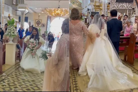 Đám cưới ngày mưa bão, cô dâu chú rể lội nước vào lễ đường