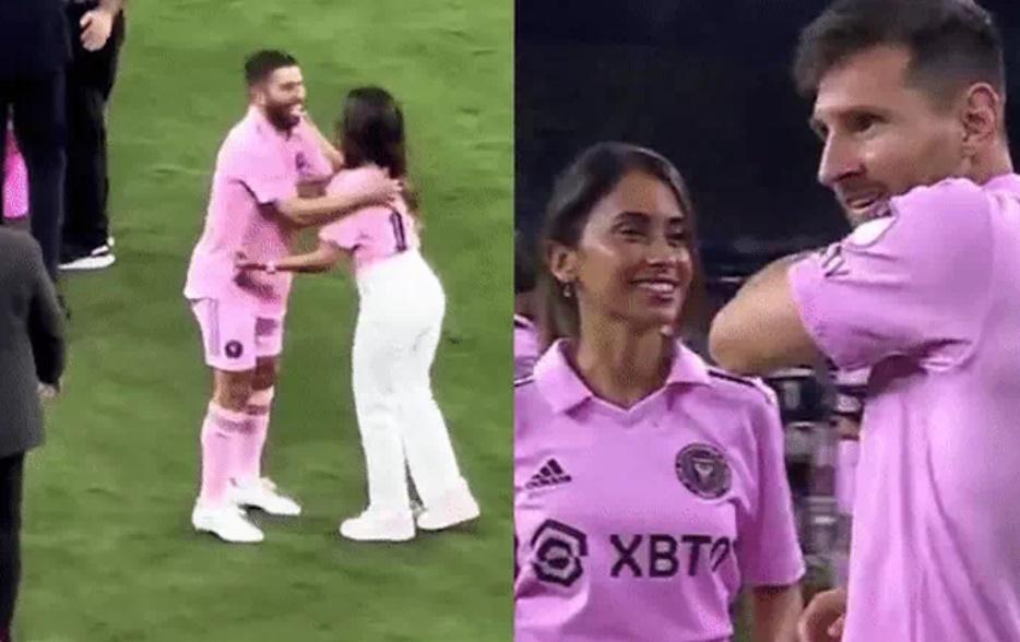 Vào sân ăn mừng, bà xã Messi rơi vào cảnh ngại ngùng vì nhầm chồng với cầu thủ khác-1