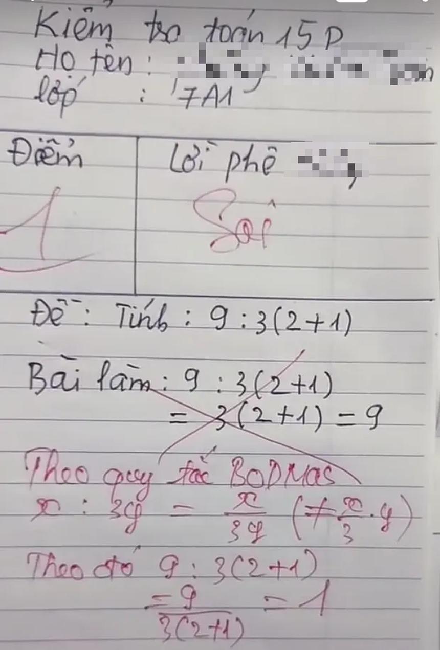Giáo viên lên tiếng về bài Toán gây sóng gió MXH 9 : 3 (1 + 2) = 1 hay 9?-1