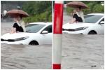 Cô gái ngồi trên cốp ô tô lướt điện thoại giữa 'biển nước' Hà Nội ngày ngập lụt