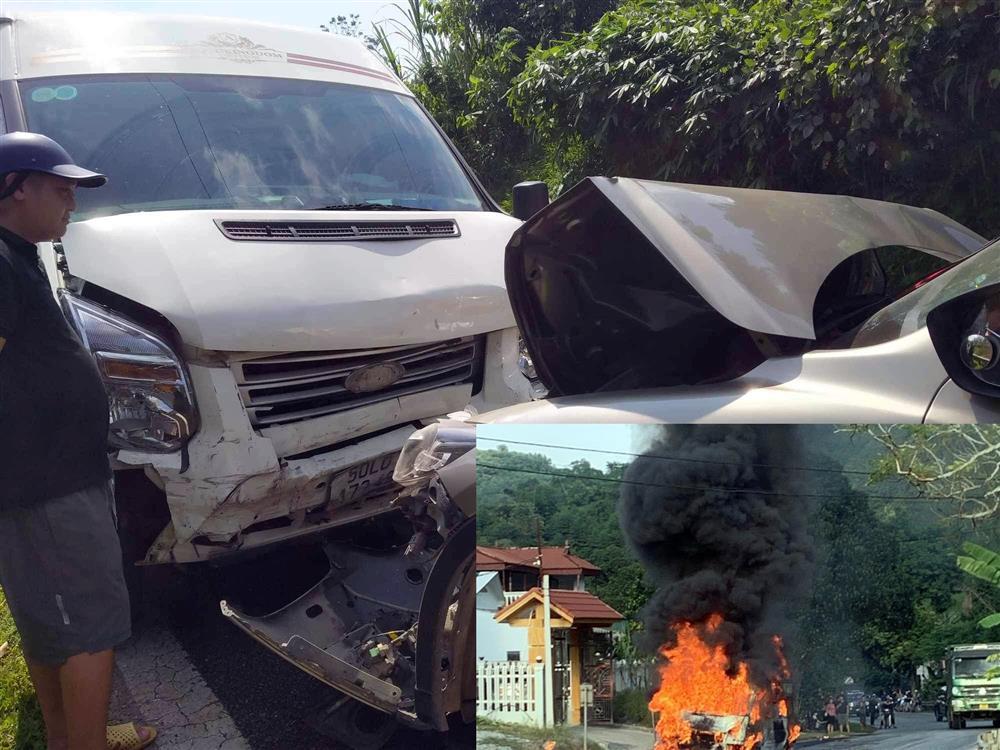 Sau tai nạn khiến 1 người tử vong, ô tô 16 chỗ bốc cháy nghi ngút-1