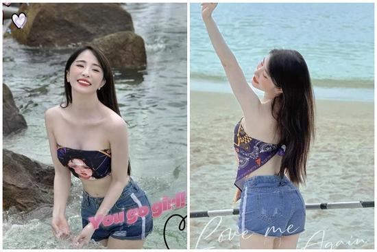 Chẳng cần bikini, Quỳnh Nga vẫn gợi cảm vô ngần với quần short, áo quây đi biển