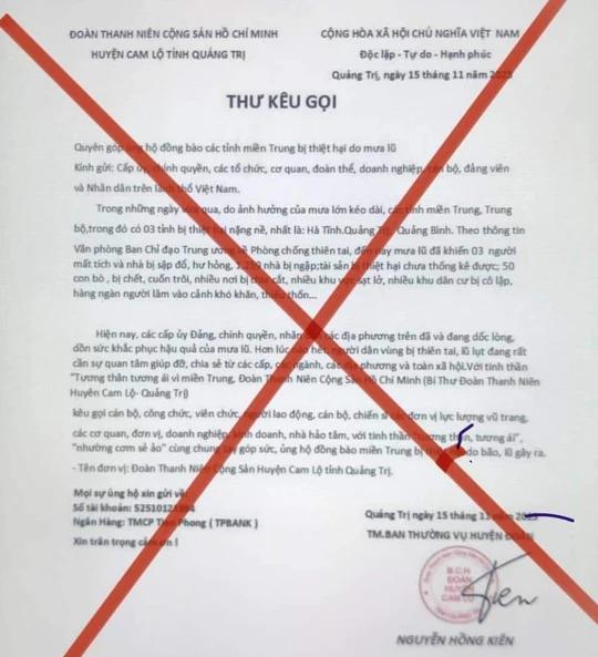 Giả mạo thư kêu gọi quyên góp ủng hộ đồng bào miền Trung thiệt hại do mưa lũ-1