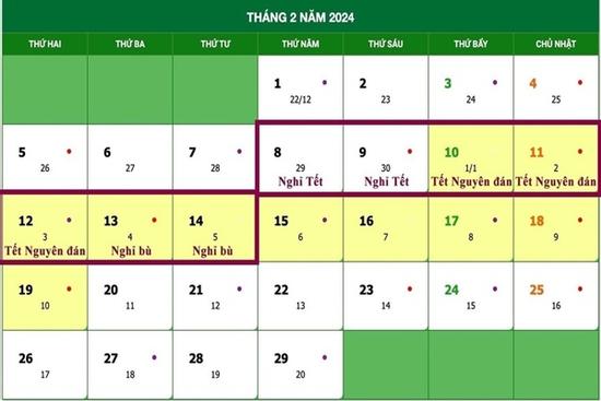 Lịch nghỉ tết Nguyên đán 2024 chính thức, từ 29/12 Âm lịch