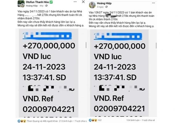 Truy tìm vị khách chuyển nhầm 270 triệu đồng cho một bữa trưa-1