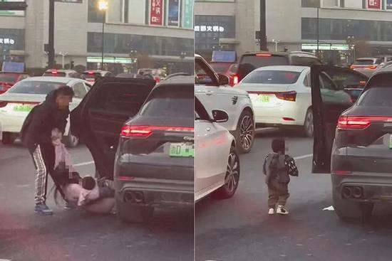 Mặc kệ con nhỏ ngã trên đường đầy xe cộ, chồng nổi điên cố lôi vợ ra khỏi ô tô