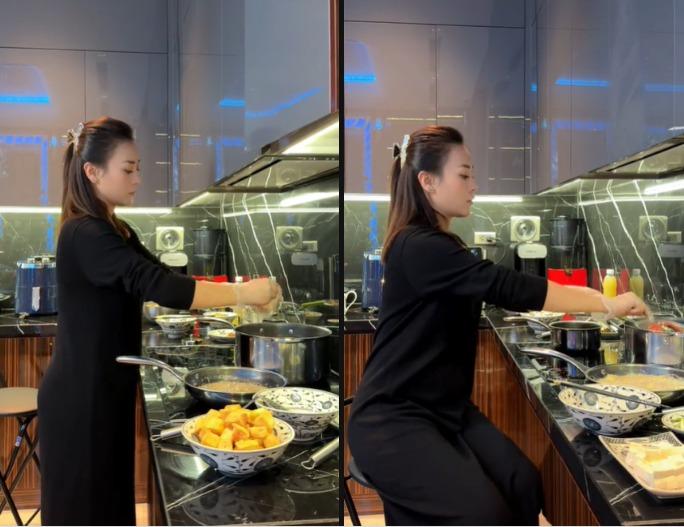 Khệ nệ bụng bầu tháng thứ 5, Phương Oanh phải kê ghế ngồi ở bếp để nấu ăn cho Shark Bình-2