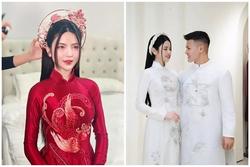 Vợ Quang Hải diện áo dài thêu chỉ vàng, đội mấn đặc biệt trong lễ ăn hỏi