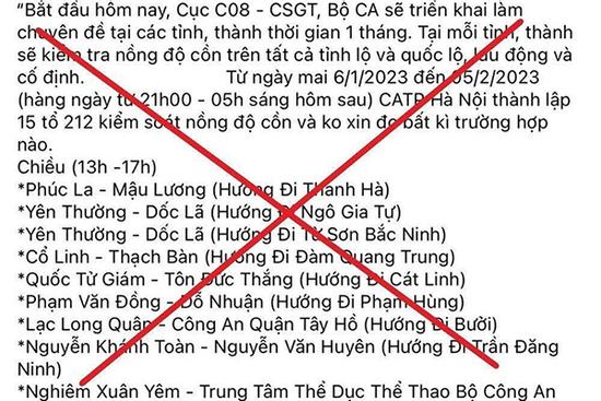 Bác bỏ thông tin 'lập 15 tổ 212 kiểm soát nồng độ cồn'