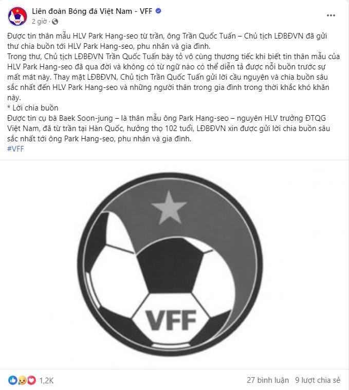VFF và dàn cầu thủ ĐT Việt Nam chia buồn với HLV Park Hang Seo-2