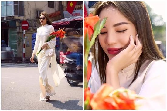 Hoa hậu Kỳ Duyên diện áo dài trắng, e ấp khoe vẻ đẹp xuân thì