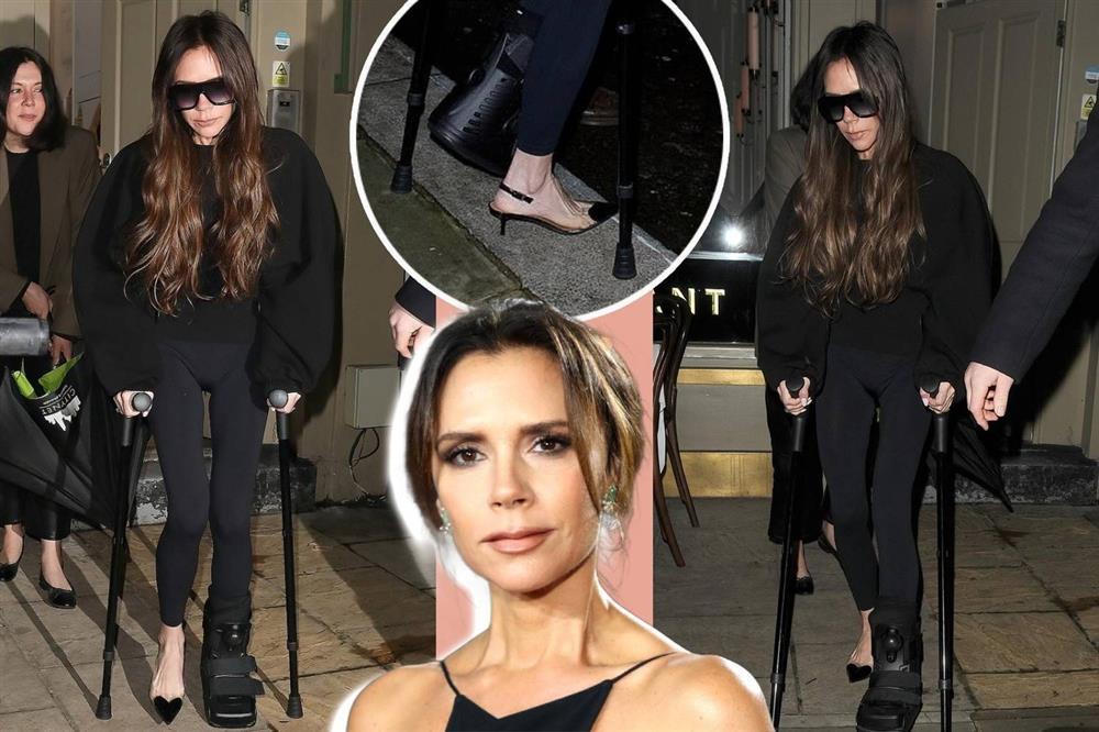 Gãy chân vì tập gym, Victoria Beckham chống nạng và đi giày cao gót-1