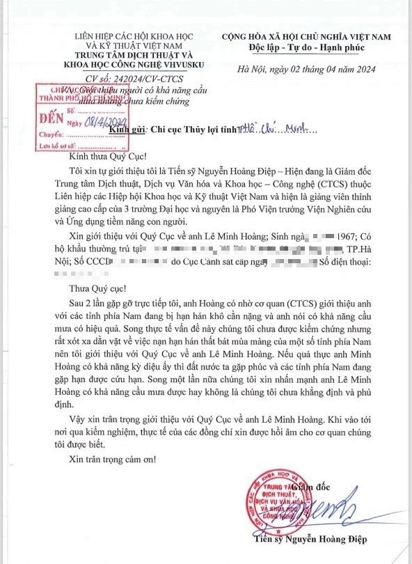 Xôn xao văn bản giới thiệu người có khả năng cầu mưa cho TP HCM-1