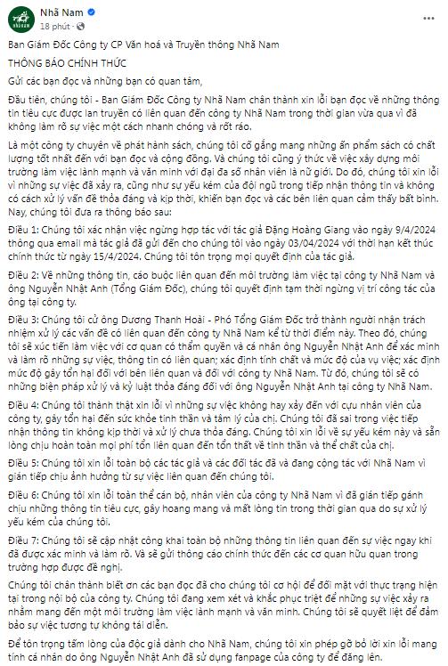 Nhã Nam tạm ngừng vị trí Tổng giám đốc của ông Nguyễn Nhật Anh, thông tin 7 điều với bạn đọc-1