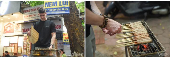 Chàng Tây thoăn thoắt nướng nem lụi, rao bán bánh xèo ở vỉa hè Hà Nội-1