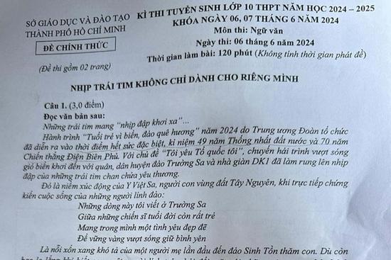 Đề thi lớp 10 môn Ngữ văn tại TPHCM năm 2024