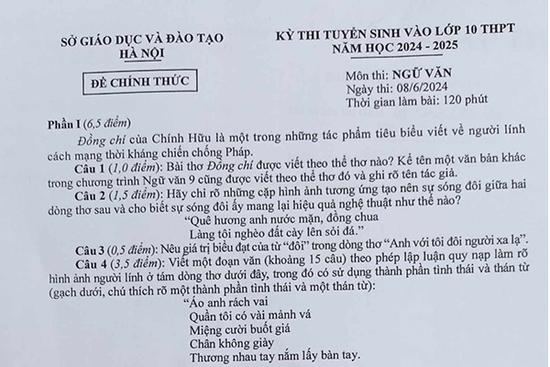 'Đồng chí' vào đề thi lớp 10 môn Ngữ văn của Hà Nội năm 2024