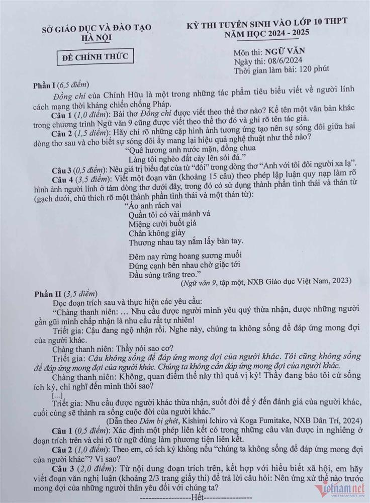 Đáp án gợi ý môn Ngữ văn thi vào lớp 10 tại Hà Nội năm 2024-1