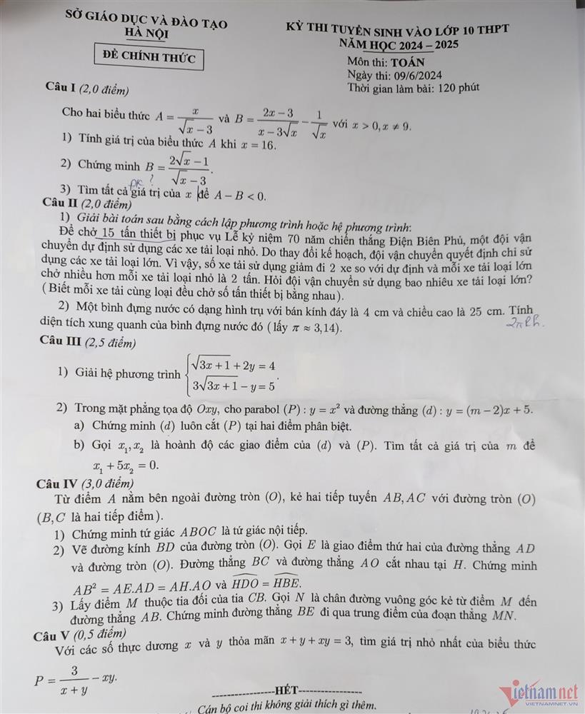 Đáp án gợi ý môn Toán thi vào lớp 10 tại Hà Nội năm 2024-1