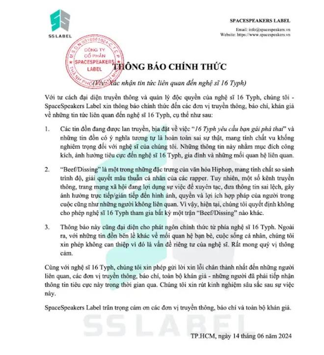 SpaceSpeakers lên tiếng về tin đồn bỏ con của 16 Typh, không cho phép nghệ sĩ tham gia bất kì trận diss nào nữa!-1