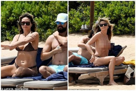 Heidi Klum cởi bikini để tắm nắng gây tranh cãi