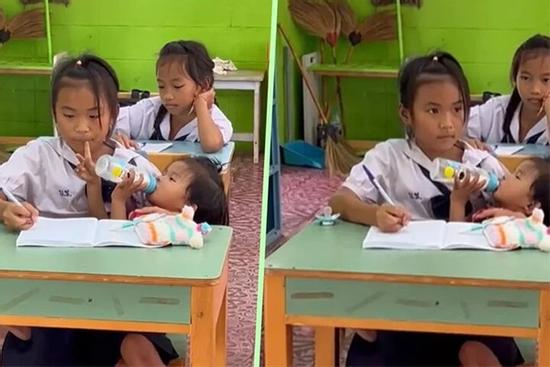 Clip bé gái 10 tuổi cho em bé bú bình sữa trong lớp học gây sốt mạng