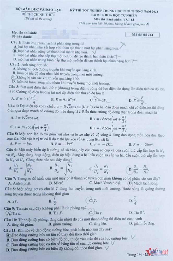 Đề thi môn Vật lý tốt nghiệp THPT 2024 chính thức-1