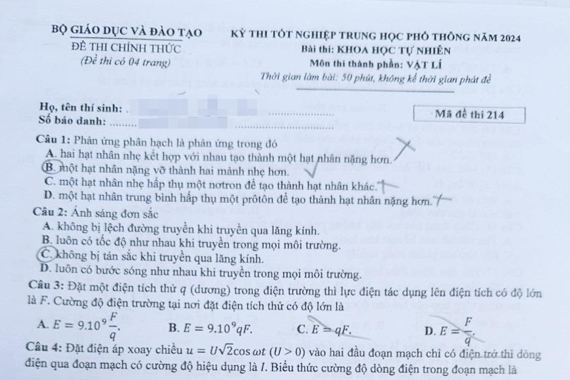 Đề thi môn Hóa học tốt nghiệp THPT năm 2024-5