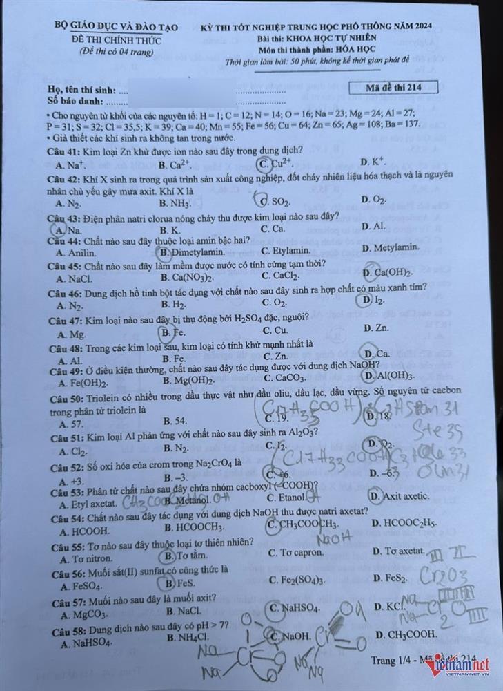 Đề thi môn Hóa học tốt nghiệp THPT năm 2024-1