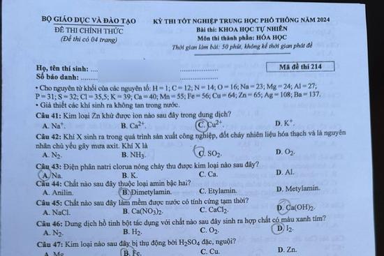 Đề thi môn Hóa học tốt nghiệp THPT năm 2024