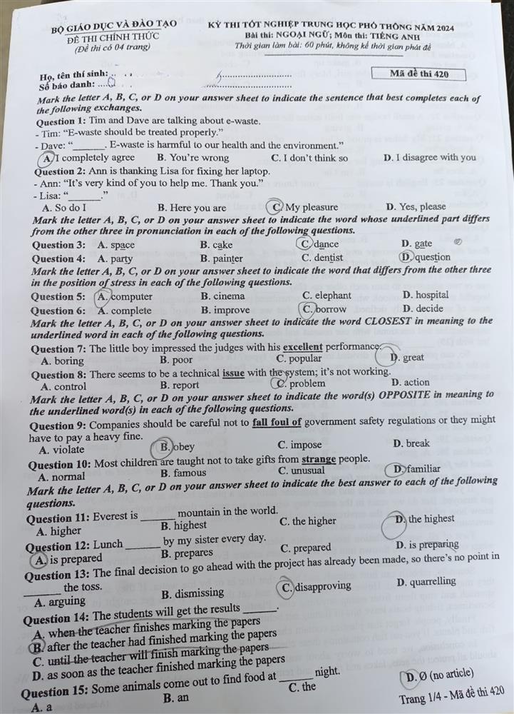 Đề thi môn tiếng Anh tốt nghiệp THPT năm 2024-1
