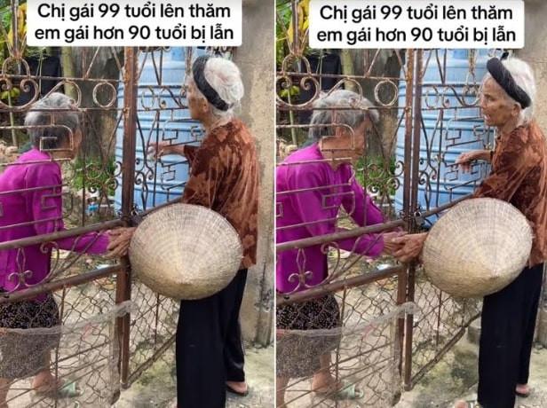 Cụ bà 99 tuổi đến thăm em gái 90, cuộc trò chuyện qua cánh cổng gây xúc động-1