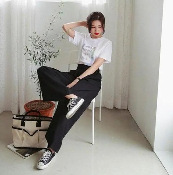 Phối đồ đẹp với quần ống rộng màu đen-1