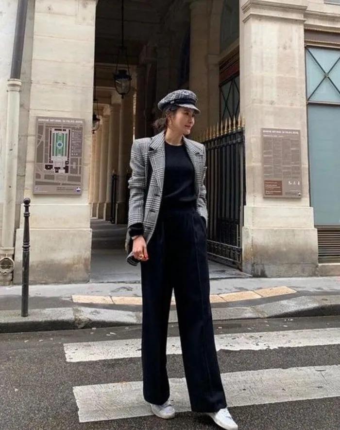 Phối đồ đẹp với quần ống rộng màu đen-3