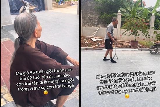 Xúc động clip người mẹ 95 tuổi lo con trai 62 tuổi bị ngã khi tập đi