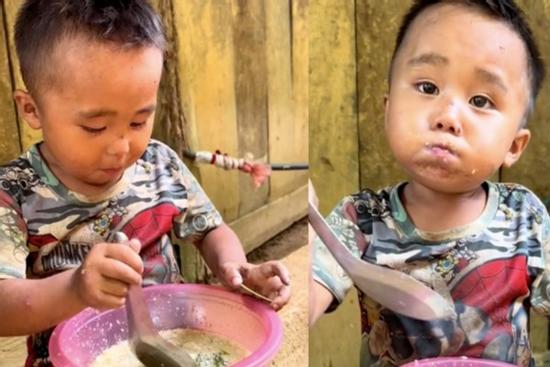 Clip cậu bé vùng cao ăn mèn mén quá ngon miệng khiến dân mạng nghẹn ngào