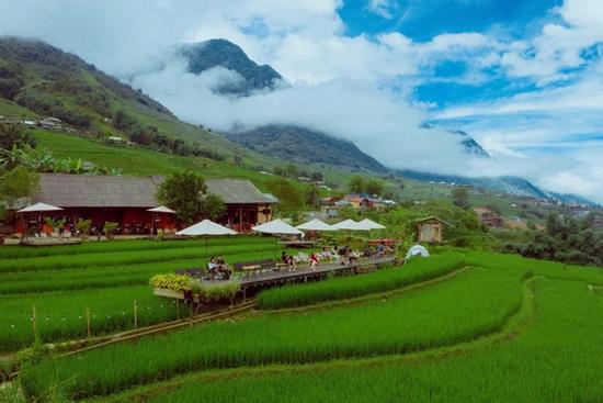 Du khách ngồi giữa ruộng bậc thang Sa Pa, nhâm nhi cà phê, ngắm mây bồng bềnh